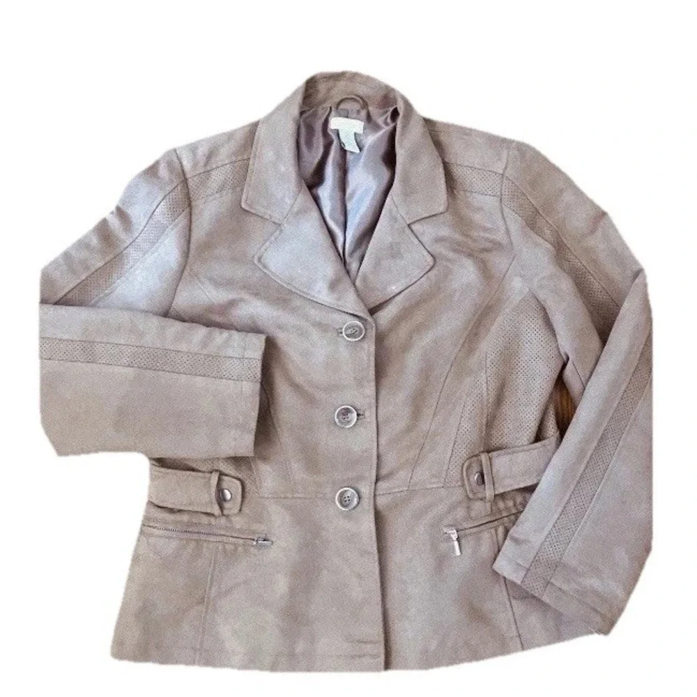 Chicos Jacket Sz 2‎ Brown Faux Suede Button